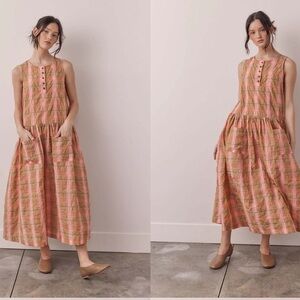 Amente Sleeveless Button Down Midi Dress Taupe Pink Plaid Pockets Small